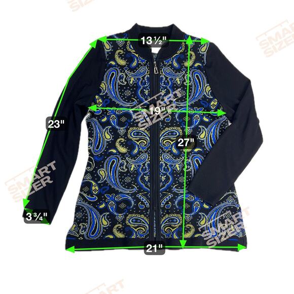 Misook Paisley Knit Zip Up Hip Length Cardigan Sweater Black Blue Yellow Size S - Picture 5 of 14